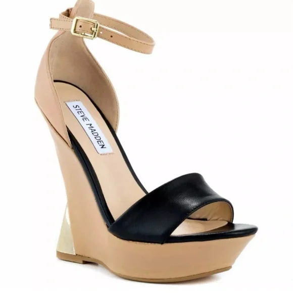 Steve Madden Beige Open-toe Wedges with Gold Heel Detail - Picture 9 of 9